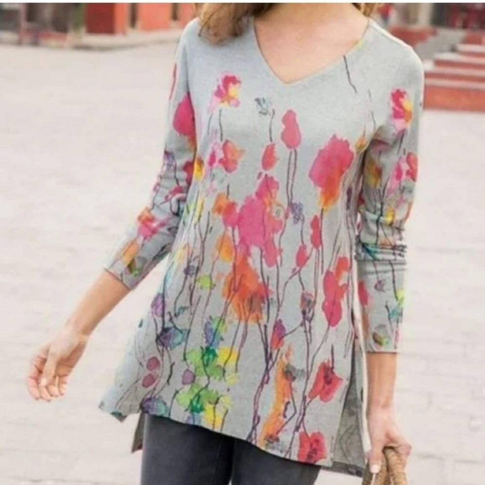 Soft Surroundings Watercolor Floral Knit Tunic Top Floral Poppy Fields Size S